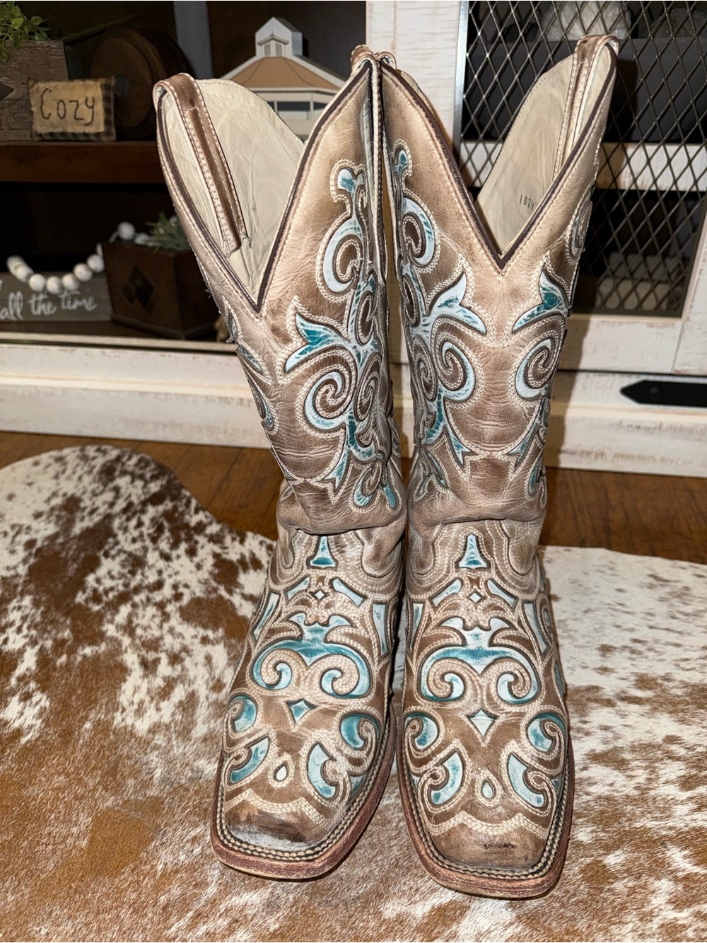 J.B. Dillon Turquoise and Tan Embroidered Western Boots